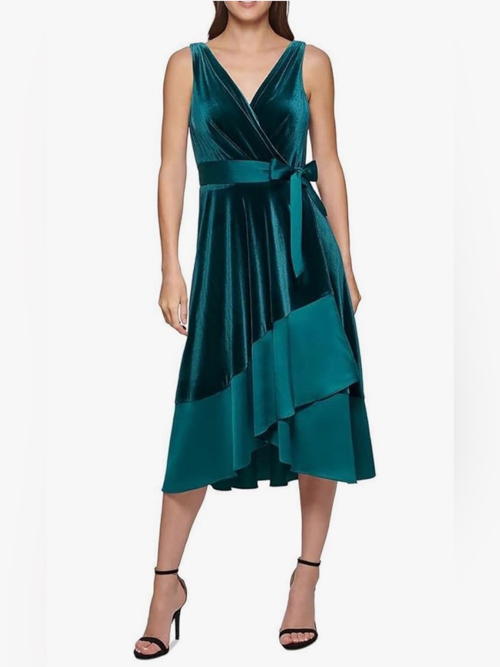 DKNY Women's Green Mixed Media Surplice V-Neck Belted Dress NWT size 2